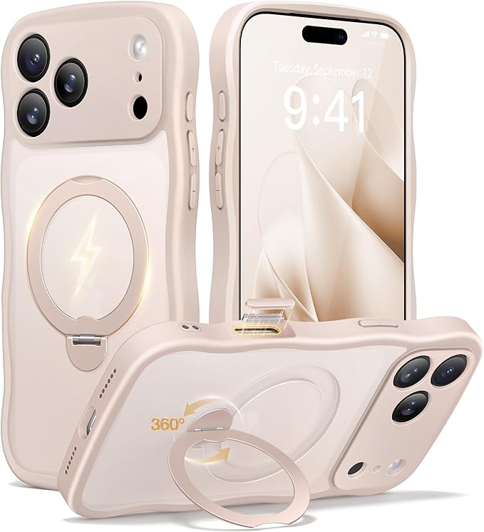 CAPRARO for iPhone 17 Pro Max Case with 360° Spin Magnetic Stand for Women, [Compatible with MagSafe] [Full Camera Protection] Cute Wave Translucent Matte Case for iPhone 17 Pro Max, Rose Gold