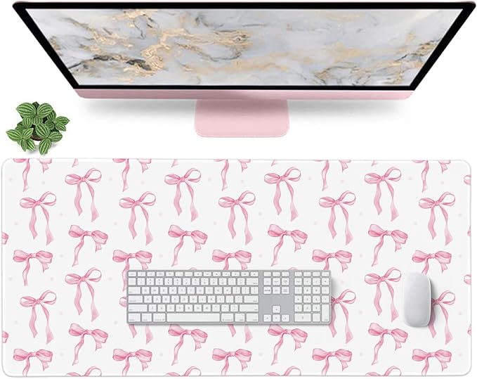 Large Desk Mat with Pink Bows, Cute Mouse Pad Pink Keyboard Mat for Computer Laptop Non-Slip Rubber Base, Girly Office Mat Desktop Pad Office Supplies Accessories for Teen Girls Women 35.4 x 15.7in