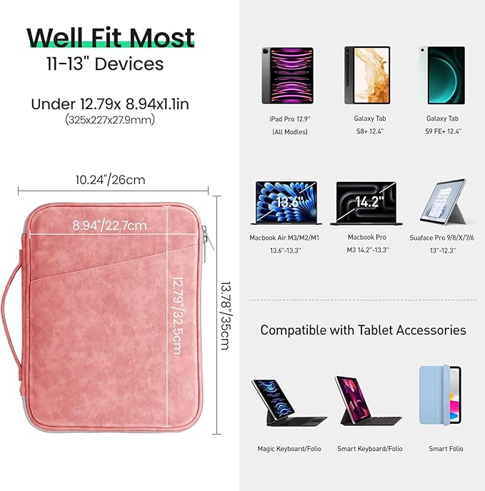 DTTO Tablet Sleeve Bag for New 13 Inch iPad Pro M4/iPad Air M2 2024, 12.9 Inch iPad Pro 6/5/4/3, 12.4 Inch Galaxy Tab S8+/S9+/S9 FE+, Surface Pro 9/8, Waterproof Travel for iPad Case Bag, Pink