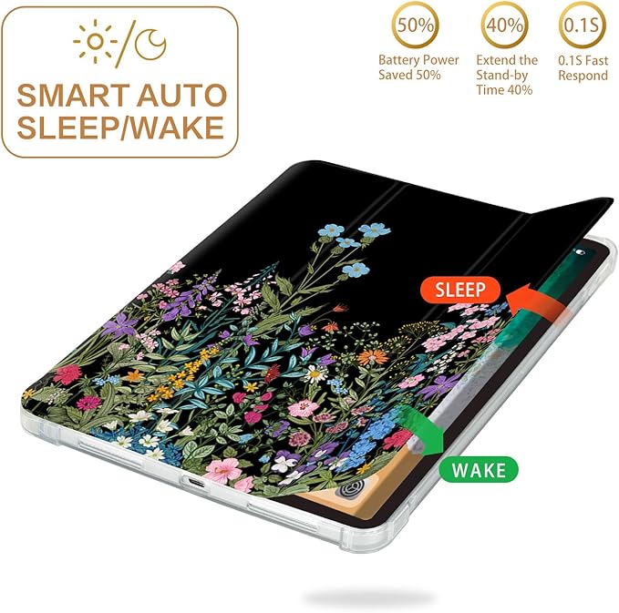 for iPad (A16) 11Th/10Th Generation Case 2025/2022,for iPad Case 11Th/10Th Generation,10Th/11Th Gen Slim Cover Pencil Holder & 2 Viewing Angles & Typing Stand, Colourful Flowers on Black