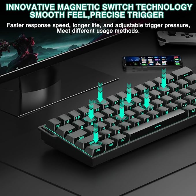 Aula MINI60 HE PRO Wireless Gaming Keyboard 60%,Hall Effect Rapid Trigger Magnetic Keyboard,8000Hz Polling,Tri-Mode(BT5.0/2.4GHz/USB-C),RGB Hot Swappable Compact Mechanical Keyboard for Gamer(Black)