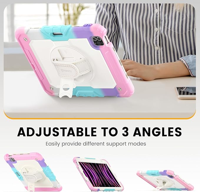 Timecity Case for iPad Pro 11 inch 4th/ 3rd/ 2nd/ 1st Generation, Full-Body Protective Case with Screen Protector, Rotating Stand/Handle, Pencil Holder for iPad 11 Inch 2022/2021/2020/2018-Pink Camo