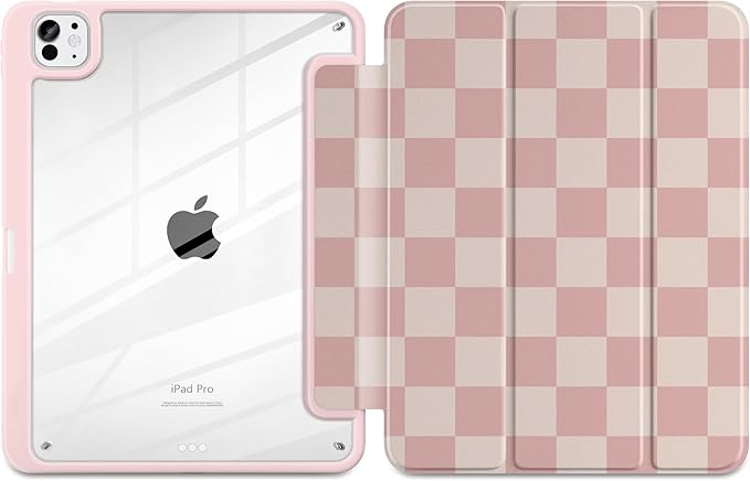 Case for iPad Pro 11 inch (M5) 2025 (M4) 2024 Release with Pencil Holder - Aesthetic Cute Preppy Design Trifold Cover with Soft TPU Bumper Clear Back Auto Sleep/Wake for Girls Women, Lattice
