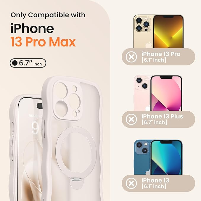 CAPRARO for iPhone 13 Pro Max Case with 360° Spin Magnetic Stand for Women, [Compatible with MagSafe] [Full Camera Protection] Cute Wave Translucent Matte Case for iPhone 13 Pro Max, Stone