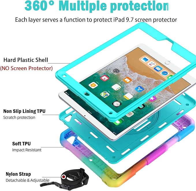 BMOUO Case for iPad 6th/5th Generation Case (9.7 inch, 2018/2017), 360°Rotating Stand, Hand/Shoulder Strap Shockproof iPad 9.7” Case for iPad Air 2, Turquoise