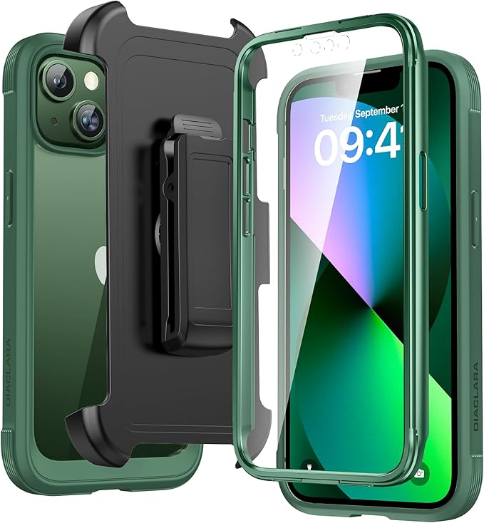 Diaclara Designed for iPhone 13 Case 6.1 Inch with Belt Clip Holster, Upgraded [Full Camera Protection] Full Body Rugged Clear Bumper Case with Built-in Screen Protector, Dark Green