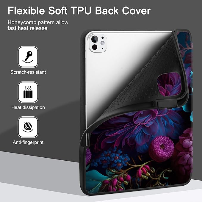 MEEgoodo Case for M5 iPad Pro 11 inch 2025/M4 iPad Pro 11 inch Case 2024, Tablet Cover with Trifold Stand & Pencil Holder & Auto Wake/Sleep & Soft TPU Back Cover, Beautiful Fantasy Flower