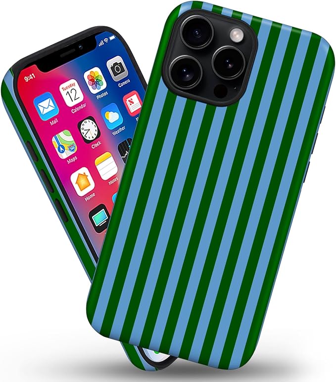 Magnetic for iPhone 14 Pro Case Cute Stripes Phone Case, Shockproof Slim TPU and Hard PC Protective Phone Cover Compatible with MagSafe Designed for Women Girls, Green and Blue