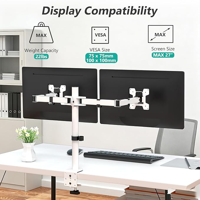 Mount Stand Fits 2 Screens up to 27 inch, 22 lbs. Weight Capacity per Arm (M002-W), White
