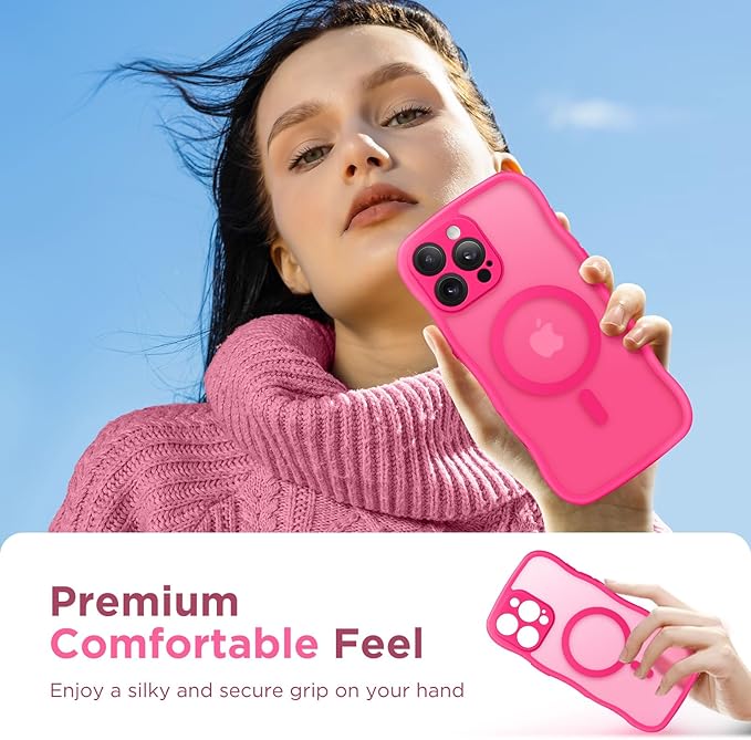CAPRARO for iPhone 16 Pro Max Case for Women Girls, Upgraded [Full Camera Protection] [Compatible with MagSafe] Cute Wave Translucent Matte Phone Case for iPhone 16 Pro Max, Hot Pink