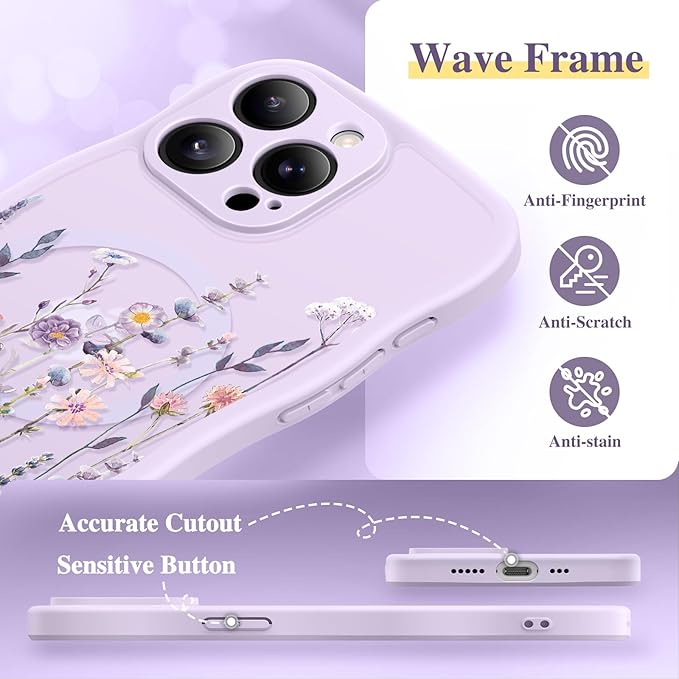 GVIEWIN for iPhone 15 Pro Case Compatible with MagSafe [Curly Wave Edge][Full Camera Protection] Floral Translucent Shockproof Magnetic Women Phone Case for iPhone 15 Pro 6.1'', Floratopia/Purple