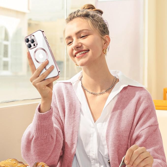 Hython Magnetic Clear for iPhone 12 Pro Case with Camera Lens Protector [Compatible with MagSafe] Luxury Plating Edge Slim Soft TPU Cover Protective Phone Case for iPhone 12 Pro 6.1", Pink
