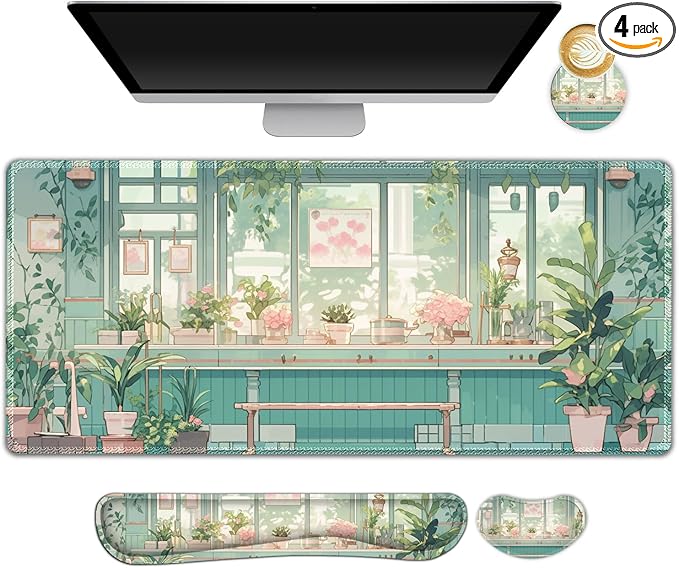 DINKY Large Mouse Pad and Keyboard Wrist Rest Set, Extended Desk Mat Keyboard Wrist Rest, 4in1 Ergonomic Memory Foam Desk Mat Protector Blotter for Home Office-Nice Green Window