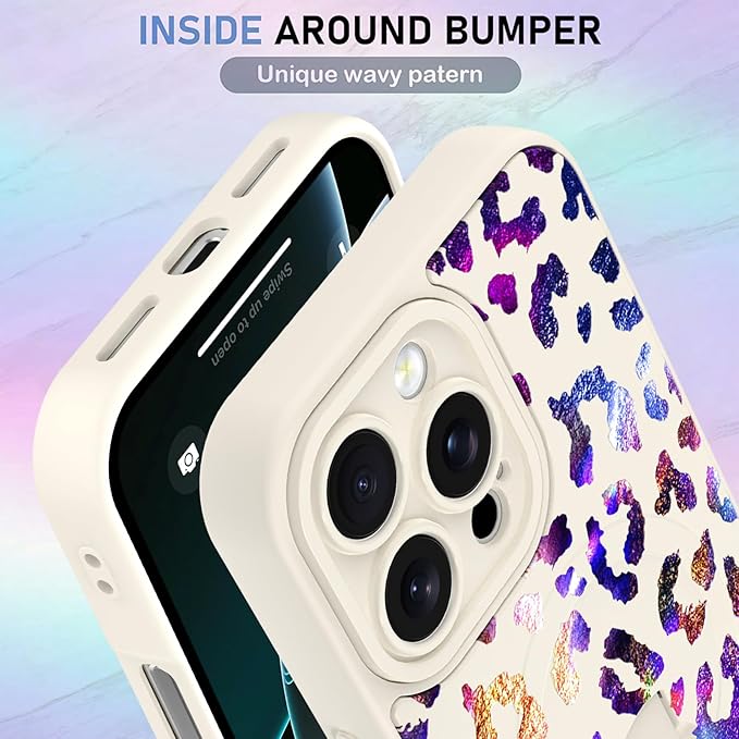 KANGHAR Compatible with iPhone 16 Pro Case, Support for MagSafe, Silicone Cute Iridescent Leopard Cheetah Pattern, Wristband Kickstand Shockproof Protective Slim Cover for Women Girls, White
