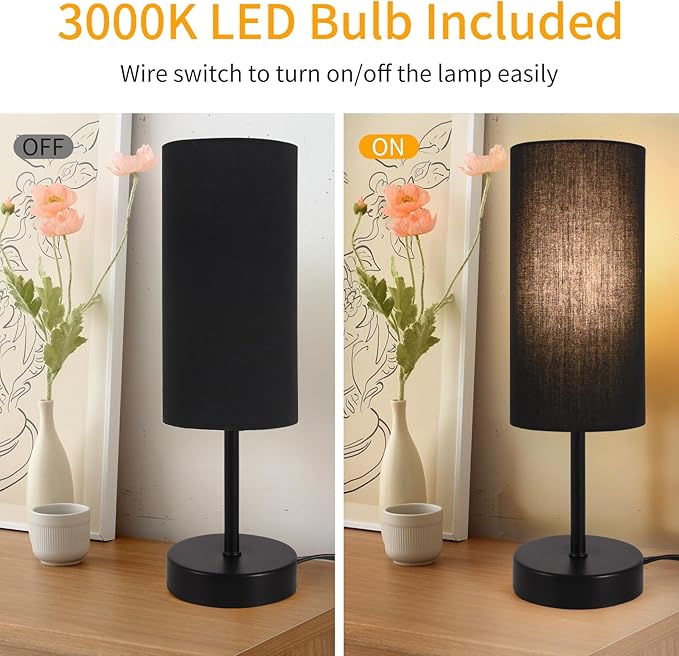 RISLG 2 Pack Table Lamp for Bedroom, Bedside Lamps for Nightstand with Wire Switch, Minimalist Desk Lamps with Linen Fabric Shade for Kids Room Living Room Office Dorm, Bulb Included