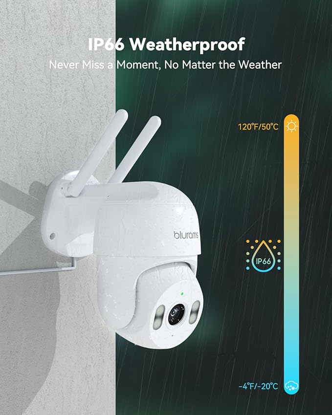 blurams 2Pack Security Cameras Outdoor Wired, 2K 360° PTZ Outdoor Security Camera, Weatherproof, 24/7 Recording with SD Card, Color Night Vision, AI Human Tracking, 2.4/5GHz WiFi6, Work with Alexa