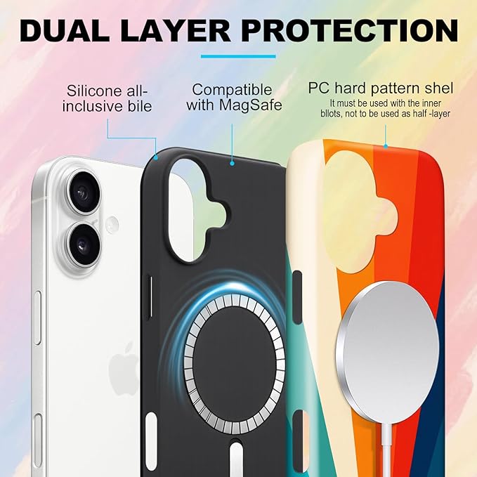 Magnetic for iPhone 16 Case Cute Stripes Phone Case, Shockproof Slim TPU and Hard PC Protective Phone Cover Compatible with MagSafe Designed for Women Girls,Retro Diffuse