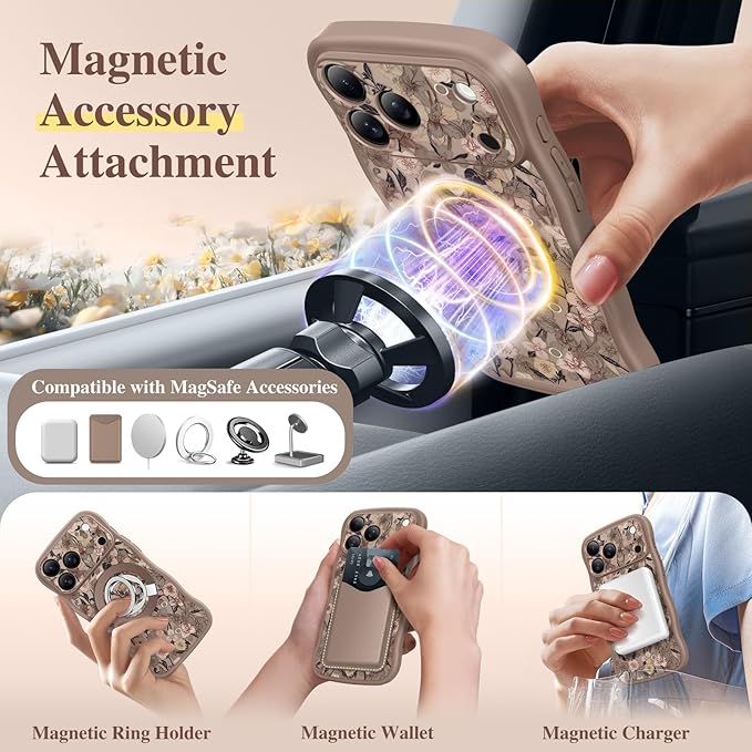 GVIEWIN for iPhone 17 Pro Case Compatible with MagSafe [Curly Wave Edge][Full Camera Protection] Floral Translucent Shockproof Magnetic Women Phone Case for iPhone 17 Pro 6.3'', Apricot Blossom/Brown