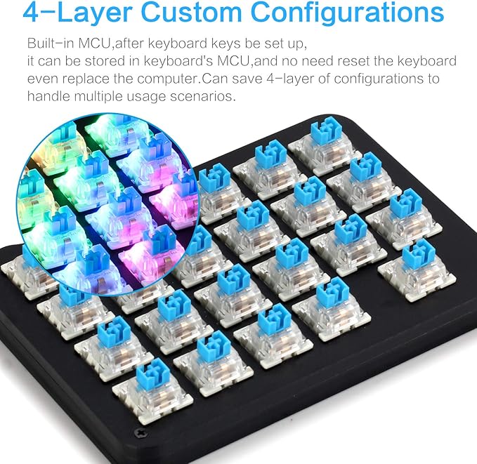 Koolertron One Handed Macro Mechanical Keyboard, RGB LED Backlit Portable Mini One-Handed Mechanical Gaming Keypad 23 Fully Programmable Keys Blue Switches