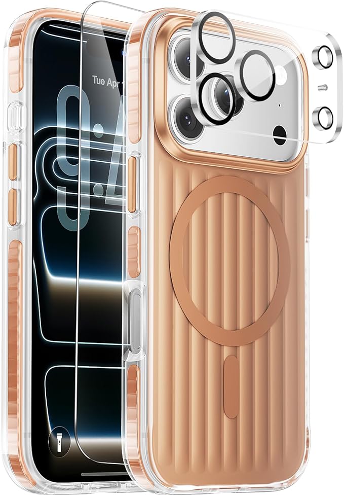 Magnetic Cooling Case for iPhone 17 Pro Max, with Air Vortex Heat Dissipation Technology, Anti-Fingerprint, Fit for MagSafe, Military-Grade Bumper, Included Camera Lens & Screen Protector,Desert Gold