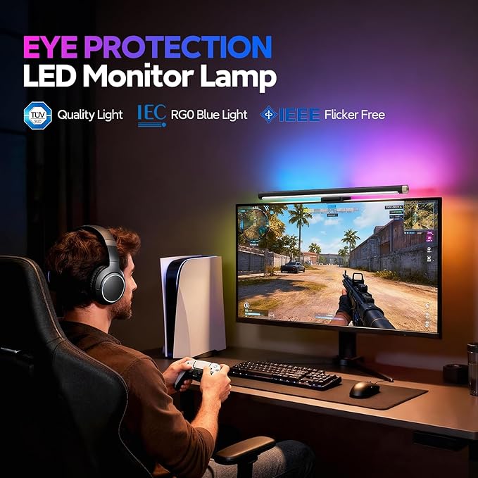 LYMAX RGB Monitor Light Bar, Computer Monitor Light for Eye Care, 4 Modes Backlight Adjustable Color & Brightness, USB Reading Monitor Lamp, No Glare, Space Saving for All Monitor