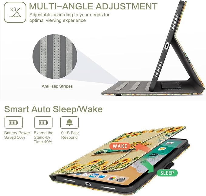 for iPad (A16) 11Th/10Th Generation Case 2025/2022, for iPad Case 11Th/10Th Generation, 10Th/11Th Gen iPadCase Cover Pencil Holder/Hand Strap/Pocket/Adjustable Stand, Sunflower Truck