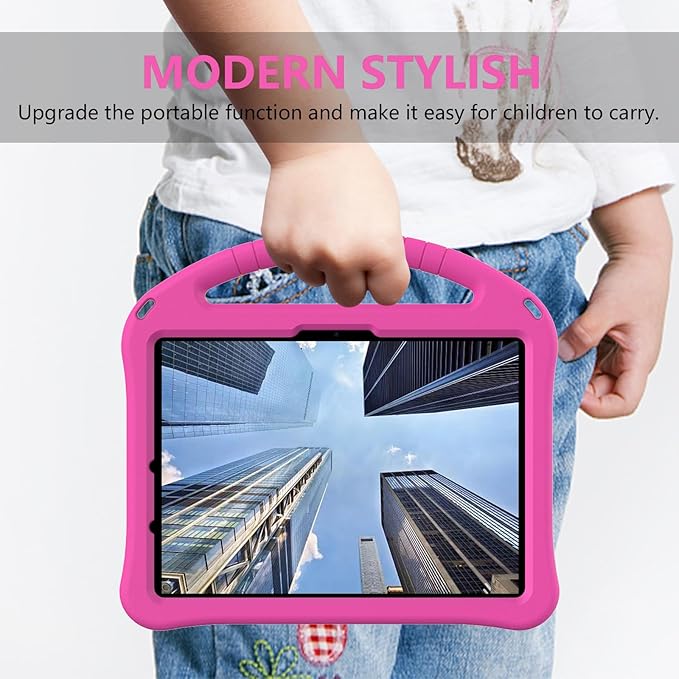 Kids Case for iPad Pro 11 inch M5/M4 (2025/2024) with Kickstand/Pencil Holder/Handle Stand Lightweight Soft EVA Foam Shockproof Heavy Duty Rugged Protection Kids Girls Boys Cover, Rose