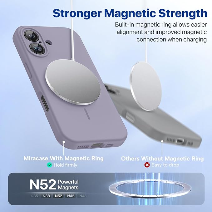 Miracase Magnetic for iPhone 16 Plus Case, [Soft Anti-Scratch Microfiber Lining], Magnetic for MagSafe, Liquid Silicone Shockproof Drop Protection Phone Case for 16 Plus,Lavender Gray