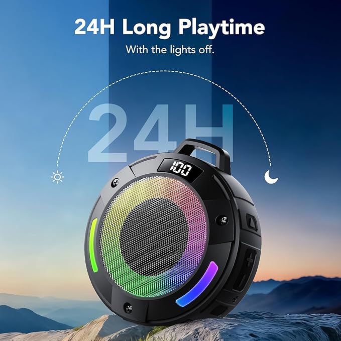 Bluetooth Speaker, 2026 Portable Wireless Shower Speaker, Digital Display Portable Speaker with Detachable hook ,IPX7 Waterproof with LED Light, HD Sound & Bass for Bathroom, Pool, Beach & Outdoor
