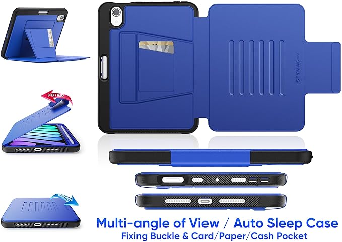 SEYMAC stock Case for iPad mini 7 (A17 Pro)/ Mini 6 8.3'', Strong Magnetic Auto Sleep Shockproof Case with Absorbing Multi-Angles Stand, Pen Holder, Card Slot, Blue