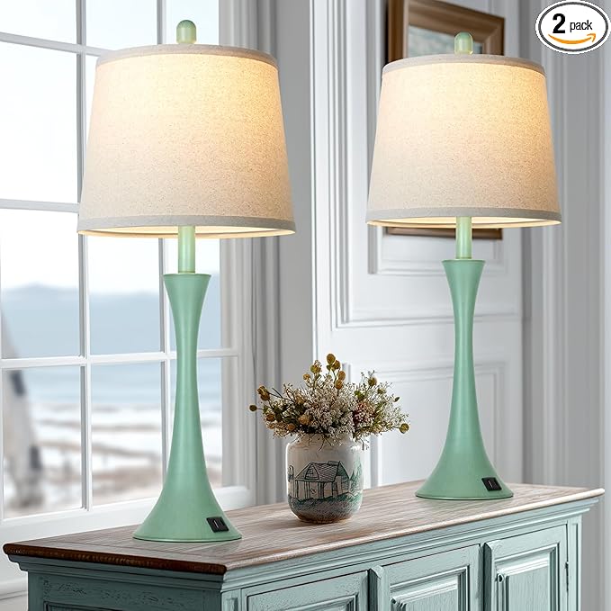 Rinweey Coastal Modern Green Table Lamps Set of 2 for Living Room, 27.5" Tall Bedside Lamp with USB Charging Port,3-Way Dimmable Touch Nightstand Lamp for Bedroom Desk Side Table Office,Green