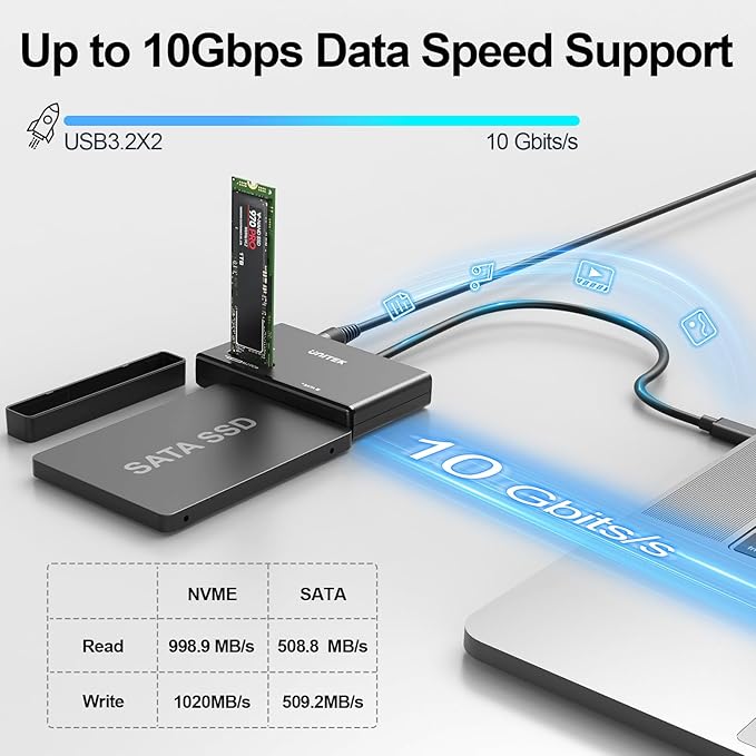 Unitek M.2 NVMe SSD Enclosure Adapter – 10 Gbps Hard Drive Reader Tool Free Pcie NVMe Adapter External USB 3.2 M2 SATA Case Converter Supports M Key Any Sizes M.2 2.5" /3.5" SATA Solid State Drive
