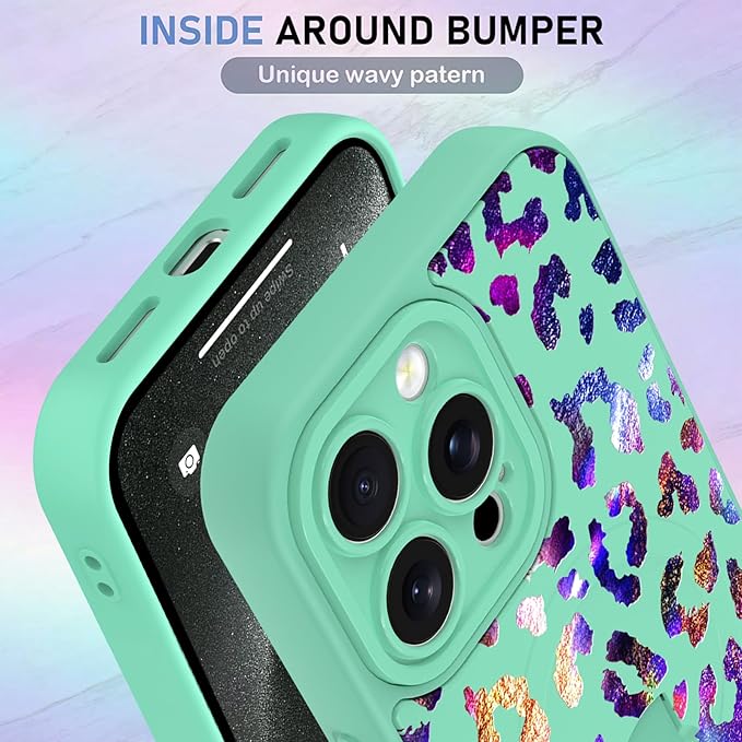 KANGHAR Compatible with iPhone 15 Pro Case, Support for MagSafe, Silicone Cute Iridescent Leopard Cheetah Pattern, Wristband Kickstand Shockproof Protective Slim Cover for Women Girls, Green