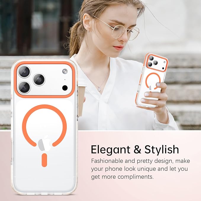 BENTOBEN Magnetic for iPhone 17 Pro Case 6.3", Compatible with Magsafe Military Shockproof Protective Cute Transparent Slim Anti-Yellowing Phone Case for iPhone 17 Pro Cover, Clear Orange