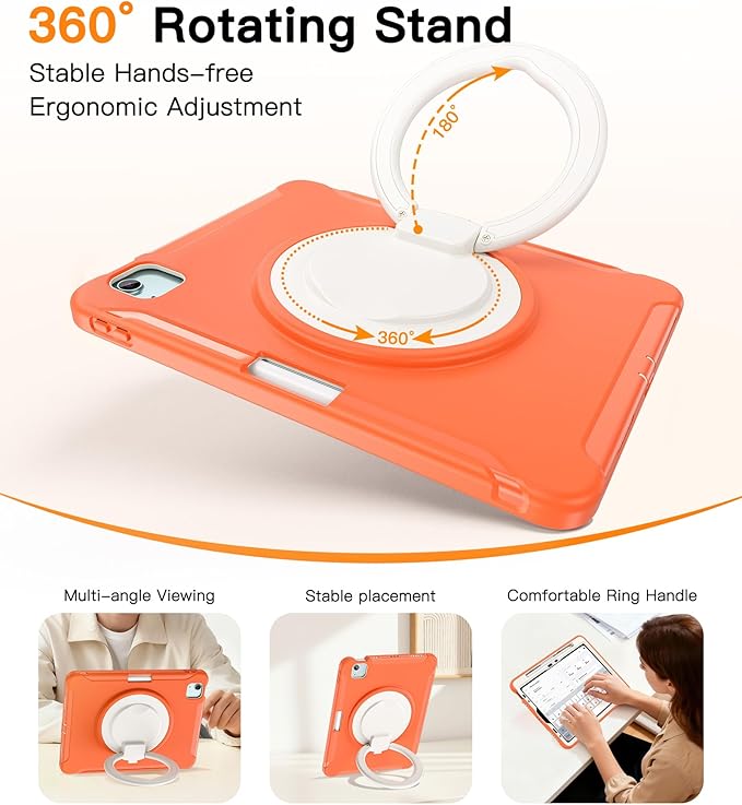 BATYUE Shockproof Case for iPad Air 11" M2/M3/M4, Air 4/5 10.9", iPad Pro 11" 1st-4th Gen 2018-2022 | 360° Multi-Angle Stand (Portrait & Landscape) & Grip, Built-in Pencil Holder, Coral Orange