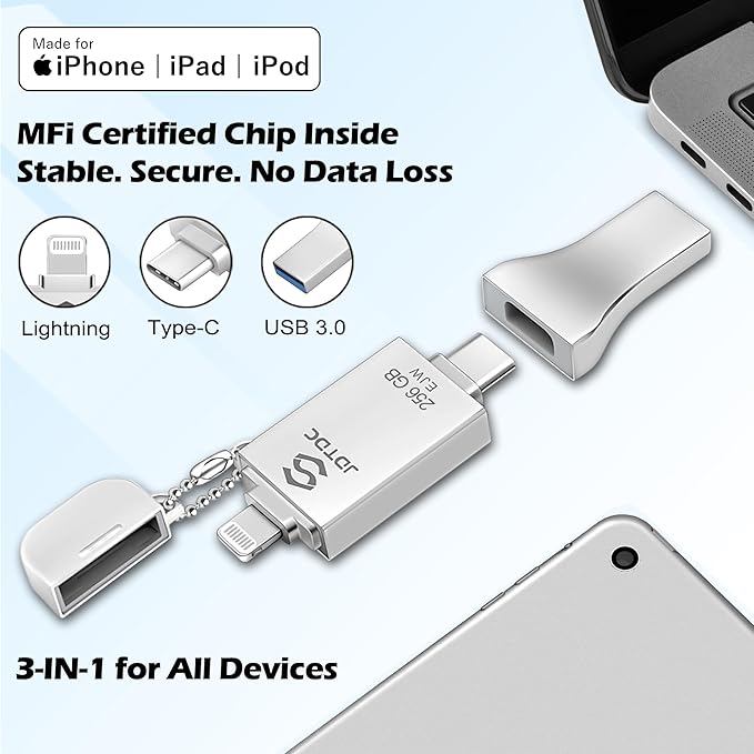 Genuine 256GB Apple MFi Certified Photo Stick for iPhone 17/16/15/14-3 in 1 USB C Flash Drive & Memory Stick - High Speed External Storage for Photos Videos iOS Backup, Android & PC (True Capacity)