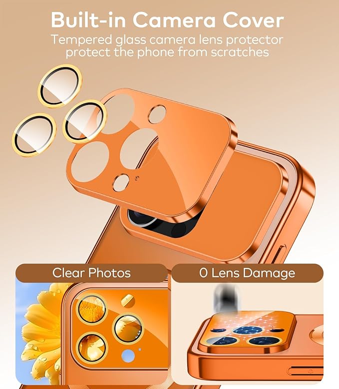TOBOVON Magnetic for iPhone 16 Pro Max Case with Ring Stand, Fits MagSafe, with Built-in Camera Lens Protector, Slim Electroplated Shockproof Phone Cover, Orange