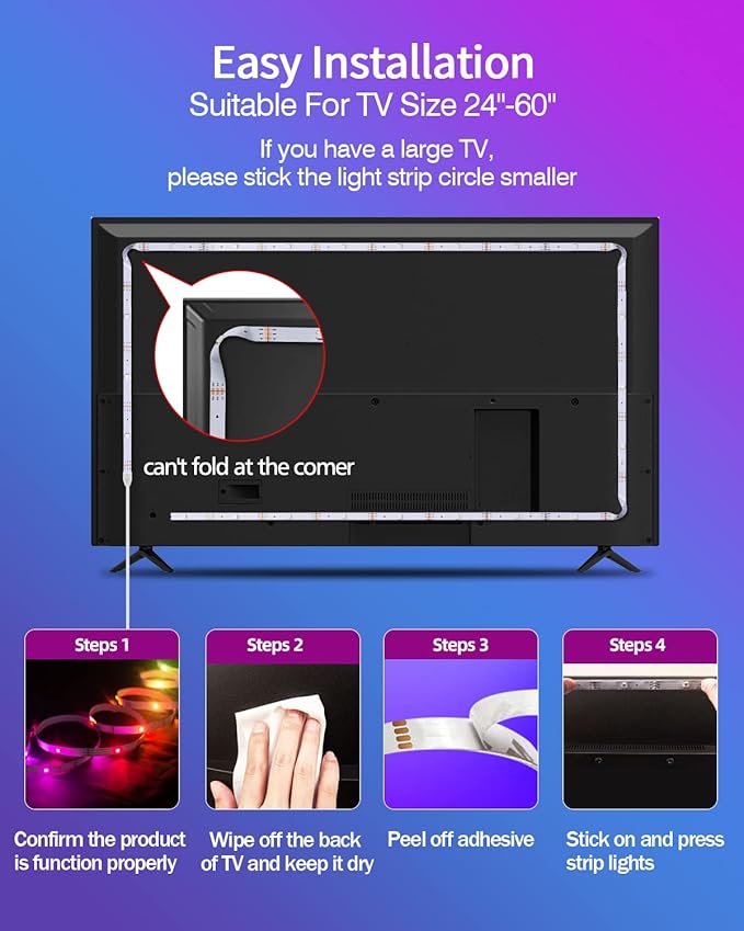 Daymeet LED Lights for TV, 9.8FT RGB TV LED Backlight for 32-43 inch TVs, USB Strip Lights Behind TV, Color Changing Sync with Music, Bluetooth App Controlled Led Lights for Bedroom Gaming Home Decor