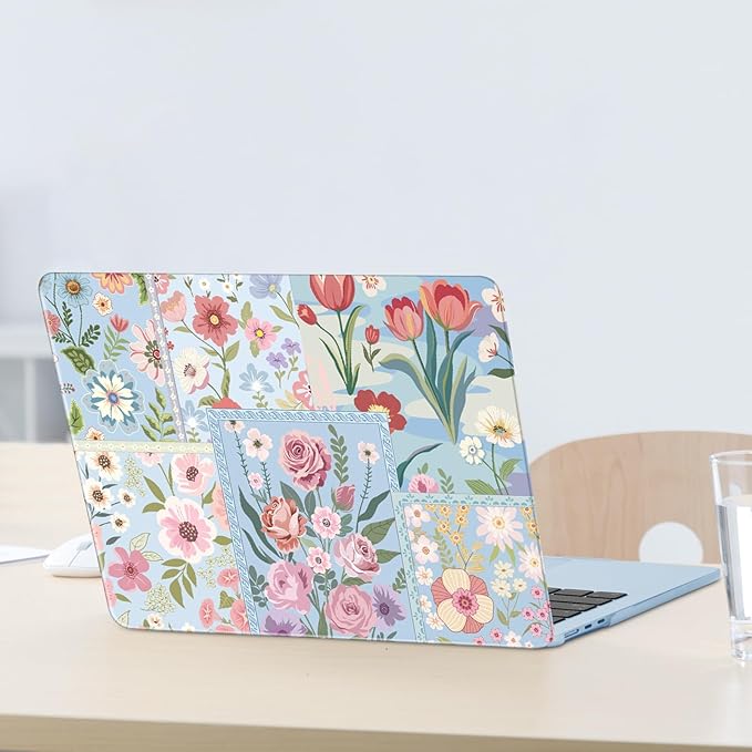 MOSISO Compatible with MacBook Air 13 inch Case M5 2026 M4 2025 M3 M2 2024-2022 A3449 A3240 A3113 A2681, Spliced Flowers Hard Shell&Keyboard Cover&Screen Film for MacBook Air 13.6 inch Case, Blue