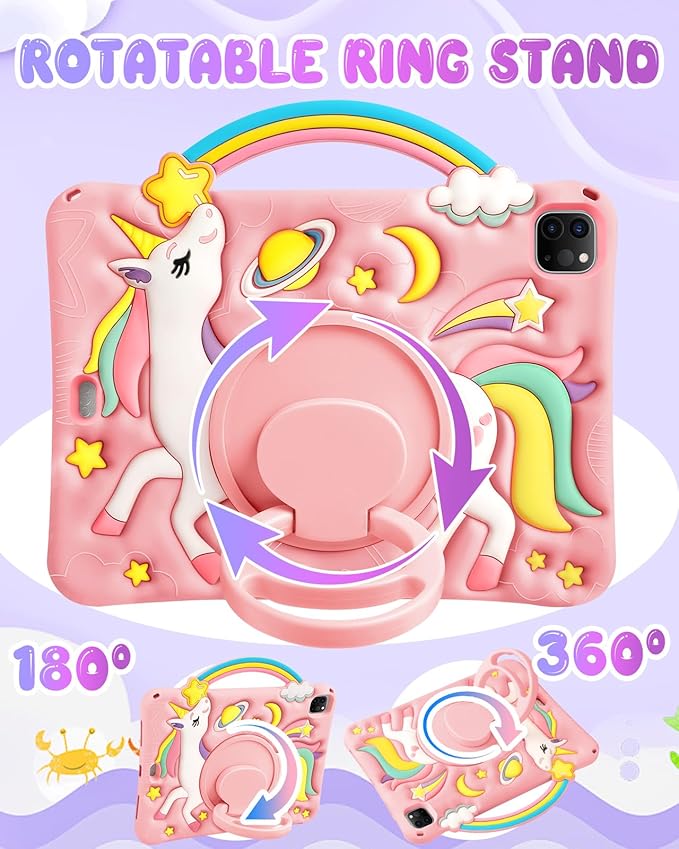 Boaretiu for iPad Air 11 inch Case(Air M4 2026, 8th Gen/M3 2025/M2)/Air 5th/4th Gen 10.9", for iPad Pro 11" Case(4th/3rd/2nd/1st Gen) - Cute Unicorn Cartoon Silicone with Strap & Stand for Kids Girls