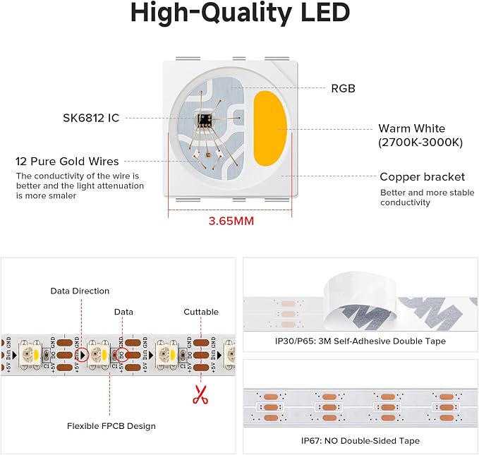 BTF-LIGHTING SK6812(Similar WS2812B) RGBW RGB+Warm White(3000K) Individually Addressable DC12V 16.4FT 60LED/m 4 Colors in 1 Light Dream LED Strip IP68 White PCB(No Adapter or Controller)
