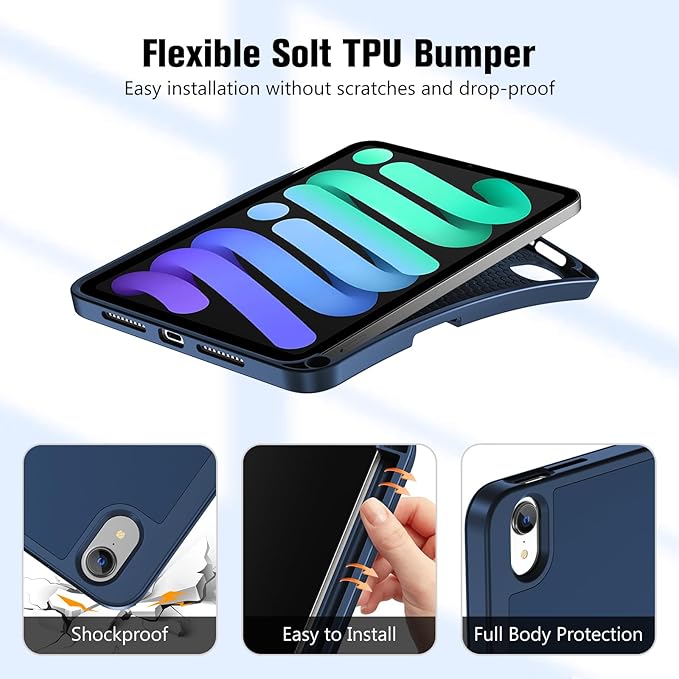 ProCase for iPad mini 7 A17 Pro 2024/iPad Mini 6 2021 8.3 Inch iPad mini 7th/6th Gen Case with Pencil Holder, Trifold Stand Smart Folio with Soft TPU Back Cover for iPad mini 8.3" 7th/6th -Darkblue