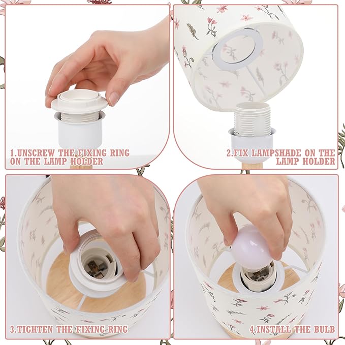 VIHOSE Boho Floral Bedside Table Lamp Vintage Nightstand Lamp with Linen Fabric Shade Solid Wood Base Decoration for Kids Living Room Bedroom Desk Dorm