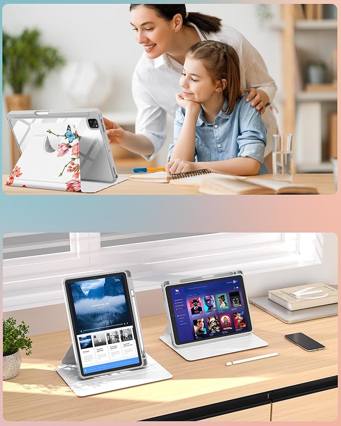 Uppuppy for iPad Pro 12.9 Case Folio Cover with Pencil Holder Kids Girls Women Cute Pretty Flower Girly Birds Colorful Design Rotating Stand for Apple iPad Pro 12.9 Inch Cases 2022/2021/2020/2018