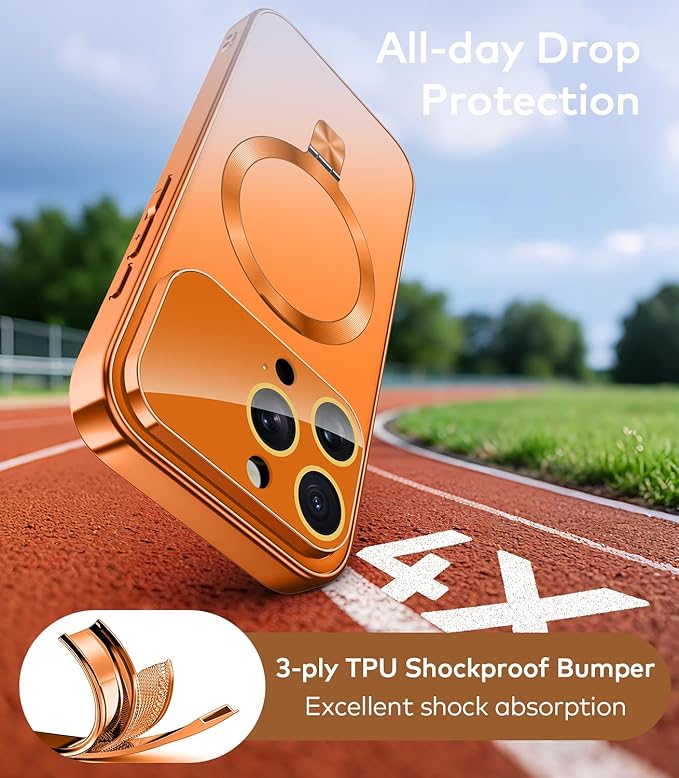 TOBOVON Magnetic for iPhone 16 Pro Case with Ring Stand, Fits MagSafe, with Built-in Camera Lens Protector, Slim Electroplated Shockproof Phone Cover, Orange