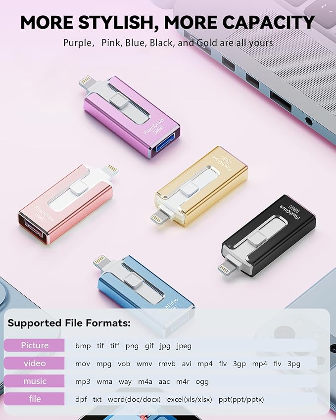 MFi Certified Flash Drive for iPhone iPad 256GB, Photo Stick for External Memory Storage, Easily Back Up and Save Photos Videos, USB Memory Stick Thumb Drive for iPhone/iPad/Android/PC (Purple)