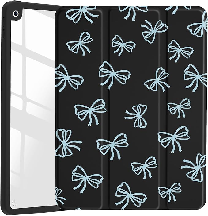 JOYLAND Blue Bow Pattern Case for 9.7" iPad 5th/6th Generation（2017/2018）,Clear Acrylic Hard Back Black Case with Pencil Holder Trifold Stand Tablet Cover (Model Number:A1822 A1823 A1893 A1954)
