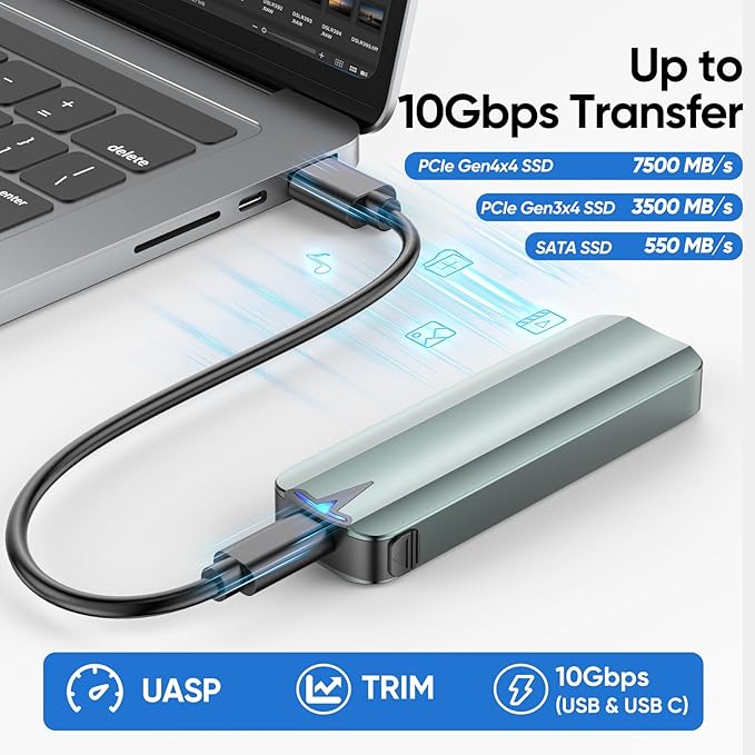NVMe Enclosure, M.2 SATA SSD Case, PCIe Gen 4x4 10Gbps External Aluminum Adapter, Heatsink Pad Included Tool-Free for M & M+B Key and Size 2230/ 2242/ 2260/ 2280 SSDs