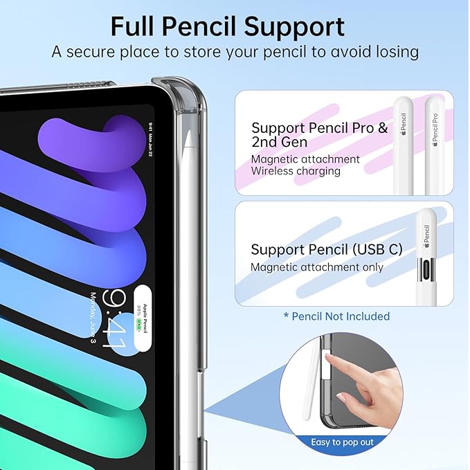 MoKo for iPad mini 7 A17 Pro Case 2024, iPad mini 6th Generation Case 8.3 Inch 2021 with Pencil Holder, Slim Light Trifold Smart Protective Cover with Hard PC Translucent Back Shell, Space Gray