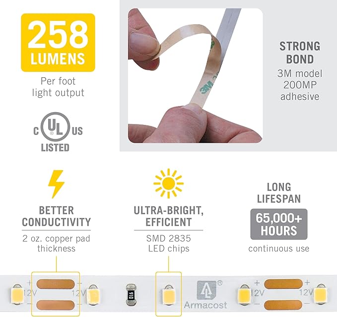 Armacost Lighting RibbonFlex Pro 12V White LED Strip Lights 60 LED/m, 6500K, 16.4 ft 182231